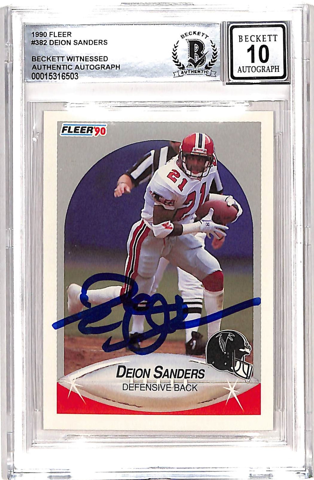 Deion Sanders Signed 1990 Fleer #382 Trading Card 10 Auto Beckett 42657