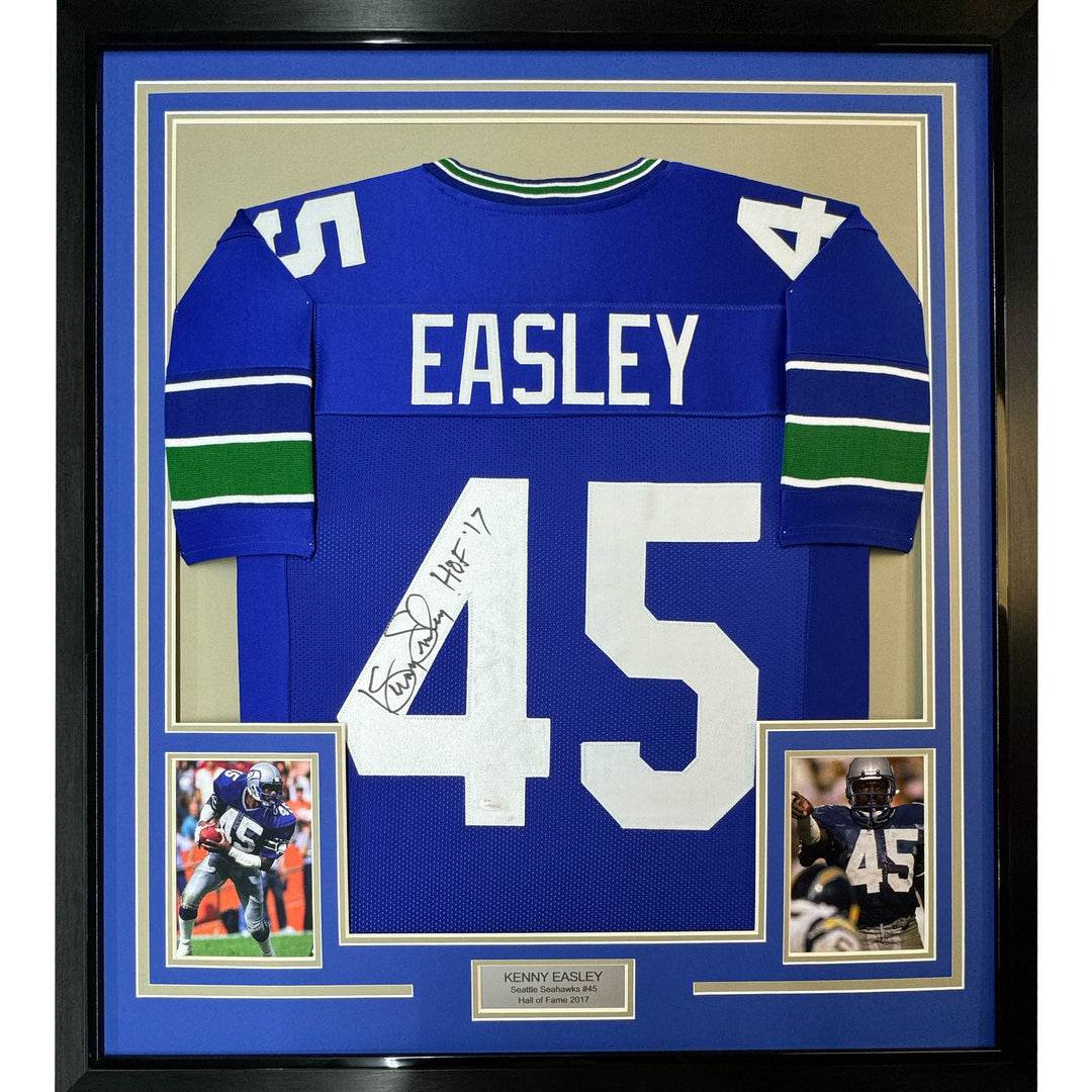 Framed Autographed/Signed Kenny Easley 33x42 HOF 17 Seattle Blue Jersey JSA COA