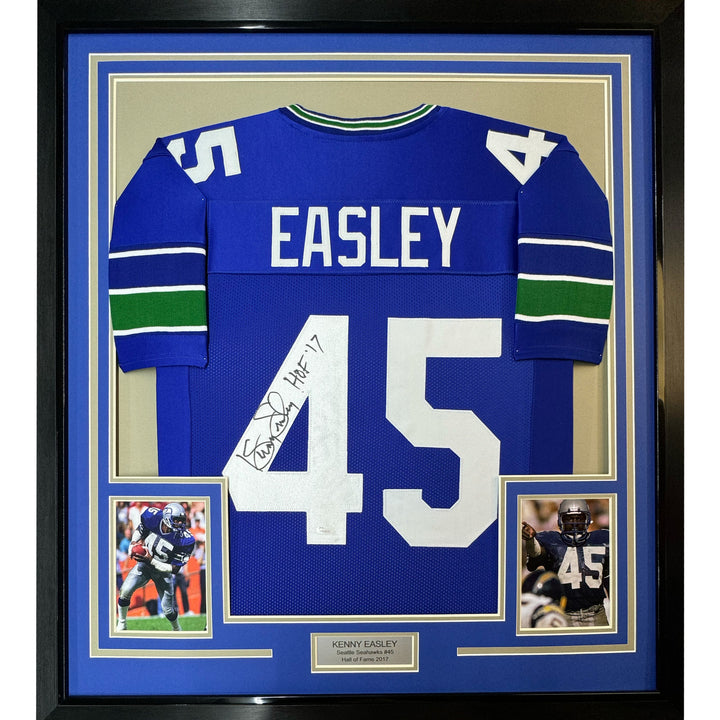 Framed Autographed/Signed Kenny Easley 33x42 HOF 17 Seattle Blue Jersey JSA COA