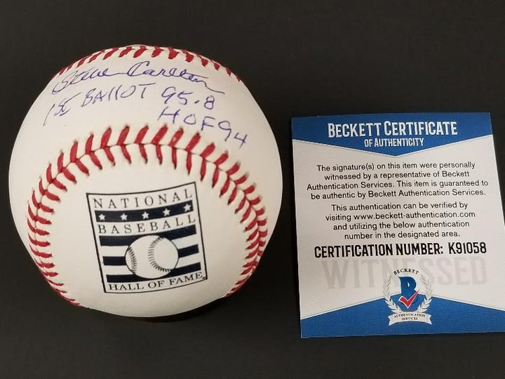 STEVE CARLTON Signed "1st BALLOT 95.8 HOF 94" Baseball ~ BAS Beckett COA Witness