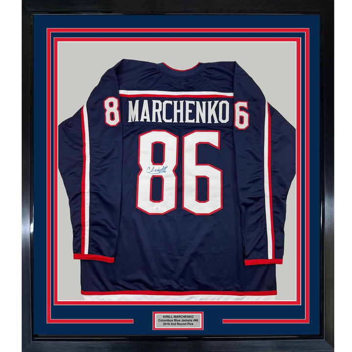 Framed Signed Kirill Marchenko 35x39 Columbus Blue Jersey JSA COA