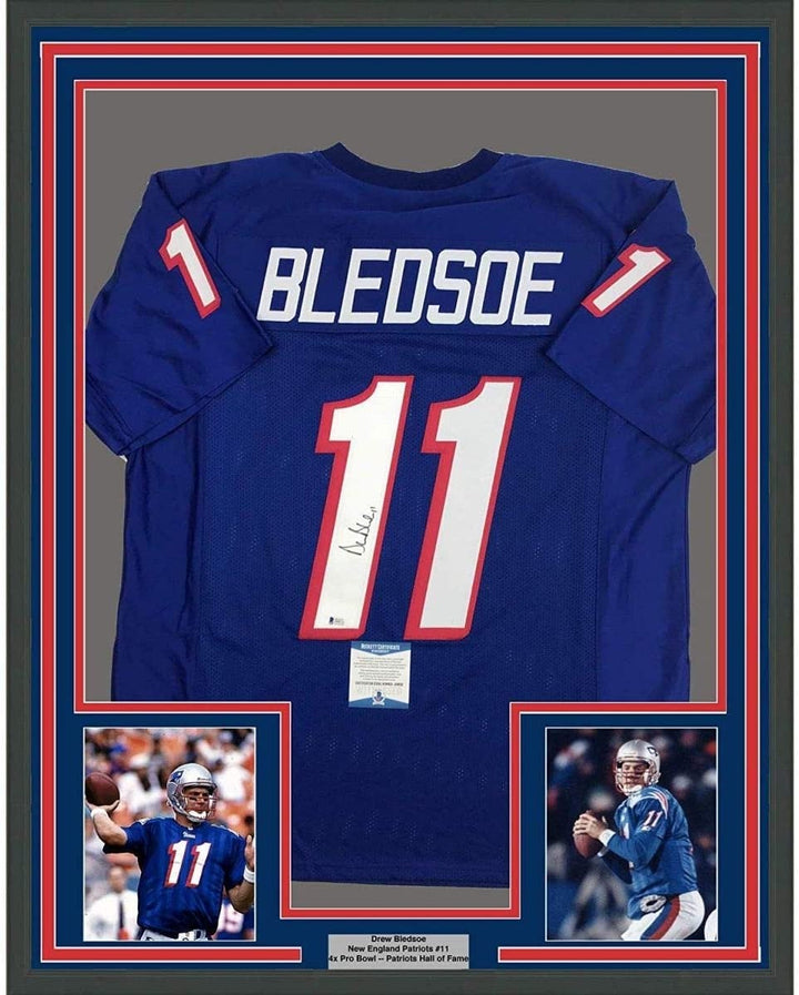 Framed Signed Drew Bledsoe 35x39 New England Patriots Blue Jersey BAS COA