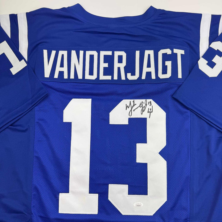 Autographed/Signed Mike Vanderjagt Indianapolis Blue Jersey JSA COA