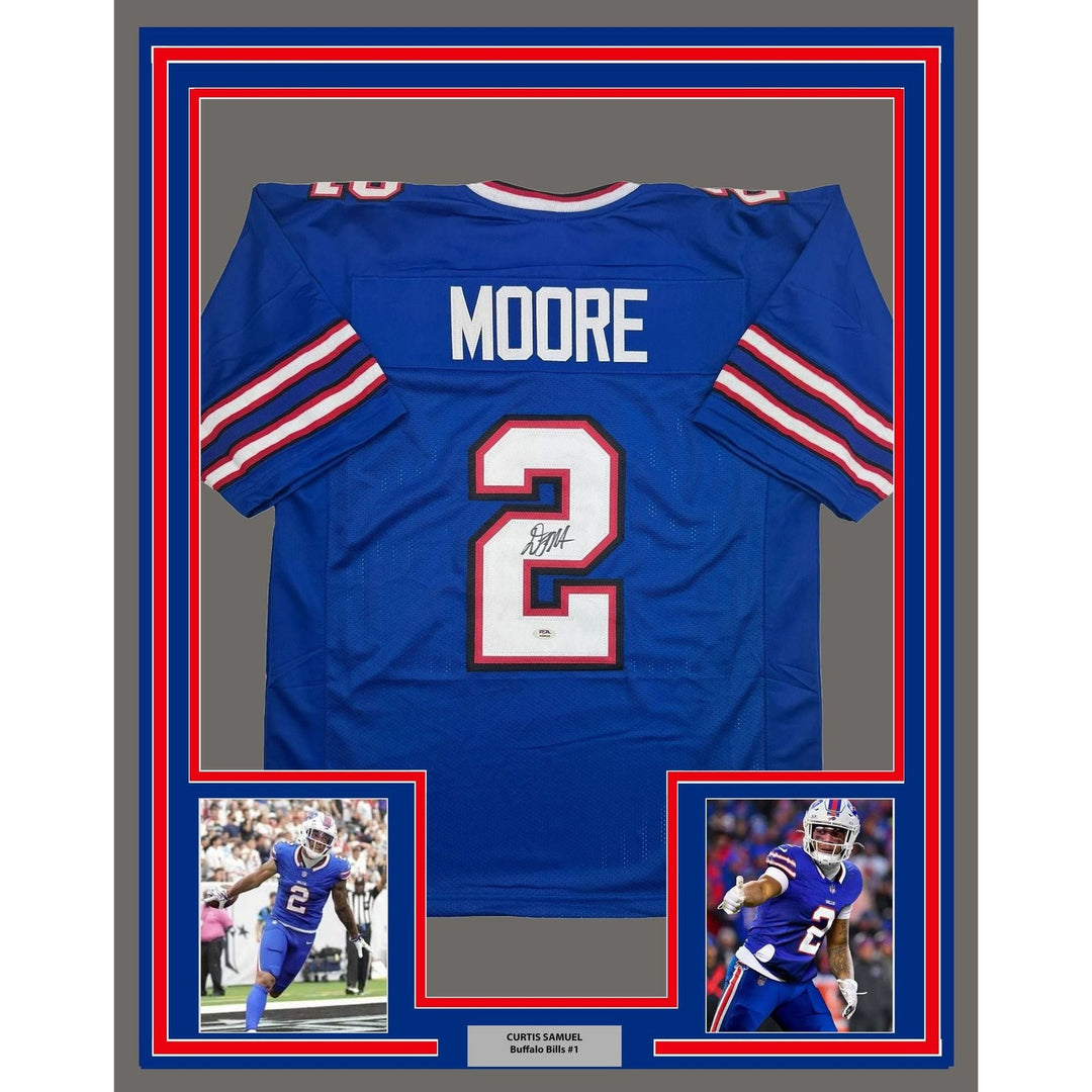 Framed Autographed/Signed D.J. DJ Moore 35x39 Buffalo Blue Jersey PSA COA
