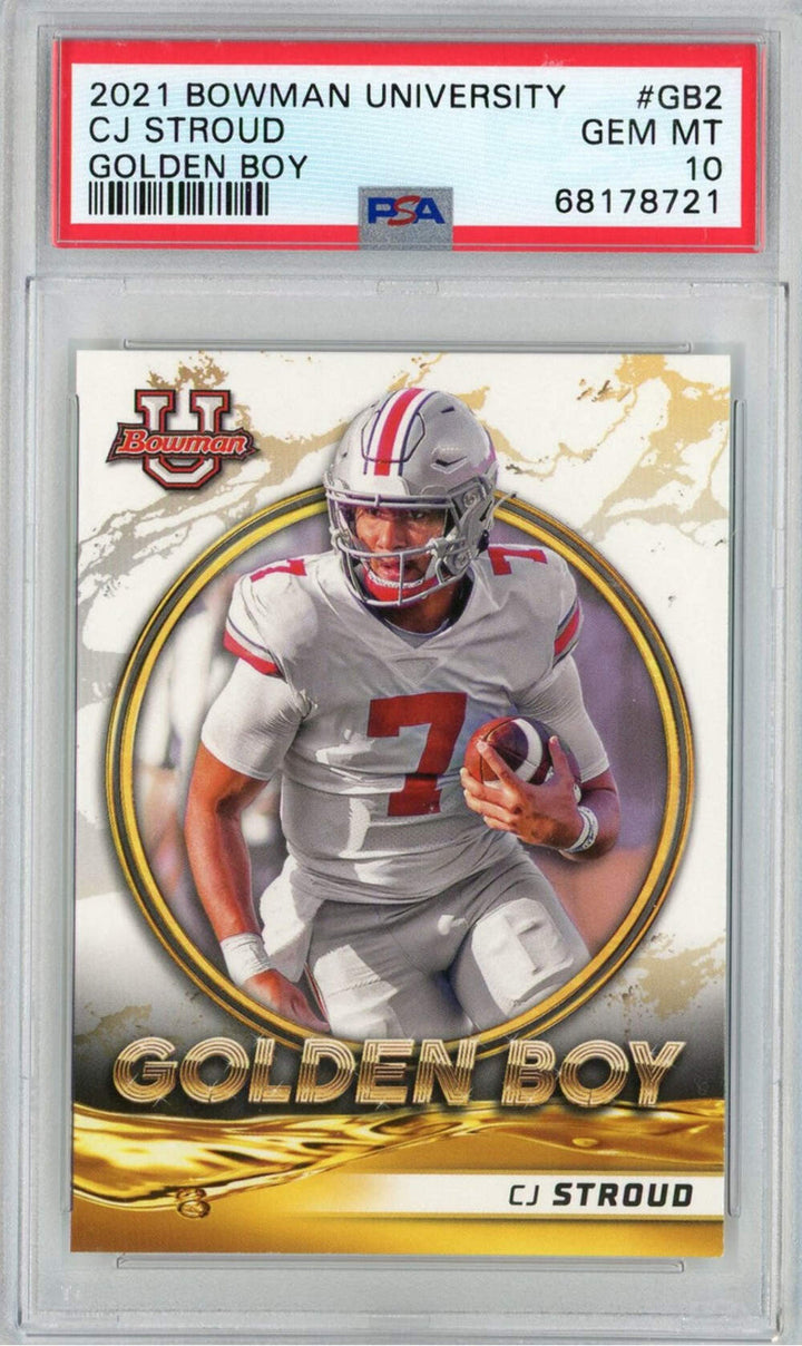 Graded 2021 Bowman University C.J Stroud #GB2 Golden Boy RC Football Card PSA 10