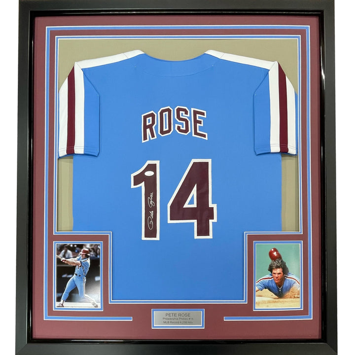 Framed Signed Pete Rose 35x39 Philadelphia Retro Blue Jersey JSA COA
