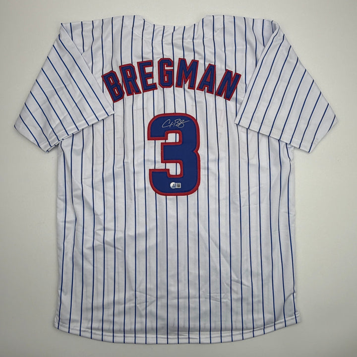 Autographed/Signed Alex Bregman Chicago Pinstripe Baseball Jersey Beckett COA