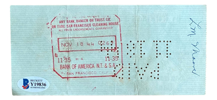 George Kelly New York Giants Signed November 9 1944  Bank Check BAS