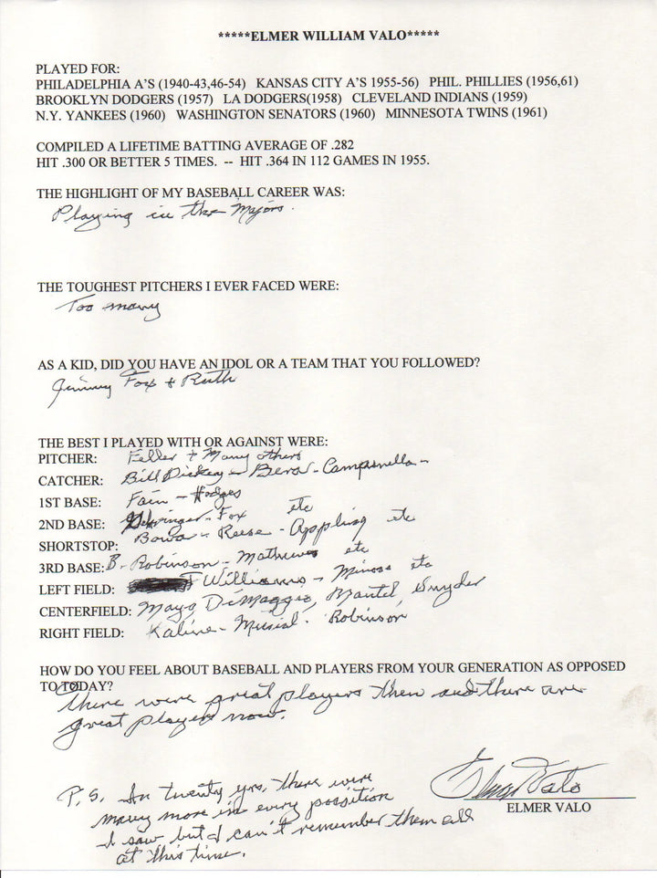 Elmer Valo Autographed Hand Filled Out Survey Page (JSA)