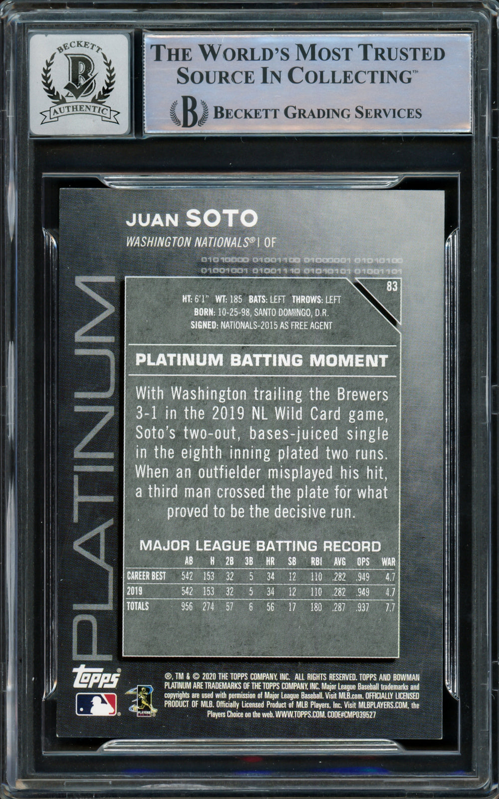 Juan Soto Autographed 2020 Bowman Platinum Card Yankees Gem 10 Auto Beckett J