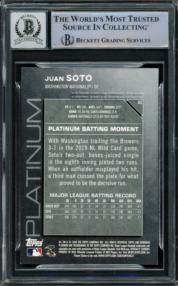 Juan Soto Autographed 2020 Bowman Platinum Card Yankees Gem 10 Auto Beckett J