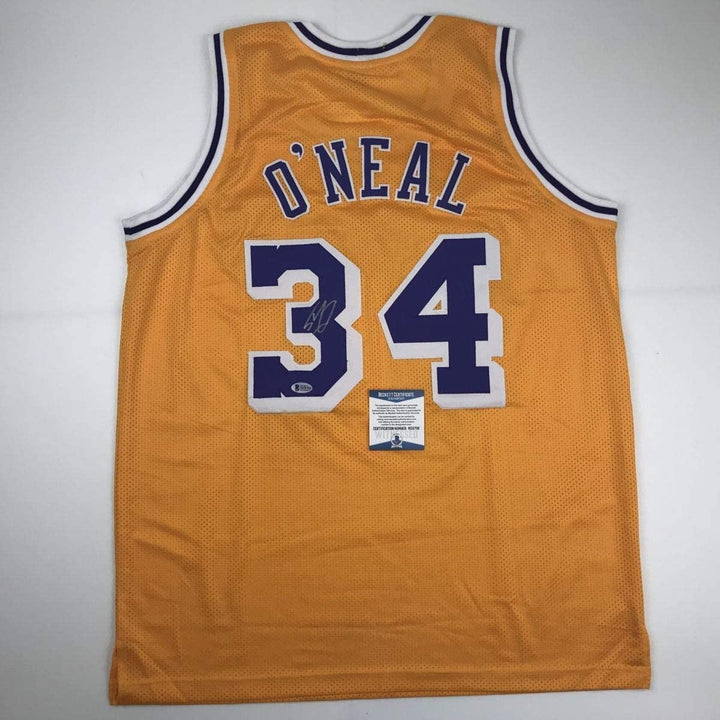 Autographed/Signed Shaquille Shaq O'Neal Los Angeles Yellow Jersey BAS COA