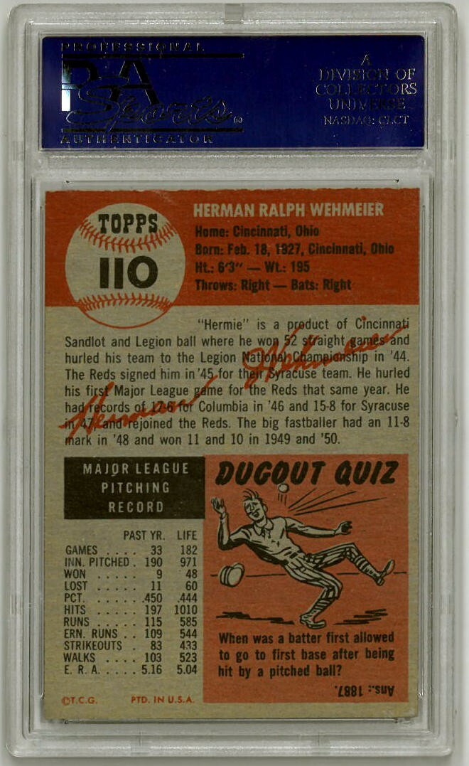 Herman Wehmeier Reds 1953 Topps Baseball Card #110-PSA Graded 6 EX-MT Cincinnati