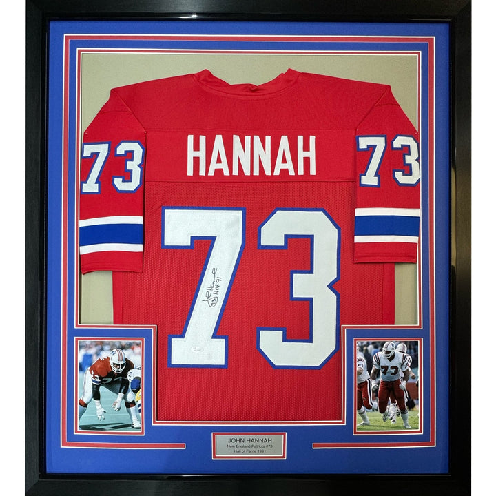 Framed Signed John Hannah HOF 91 35x39 New England Red Jersey JSA COA