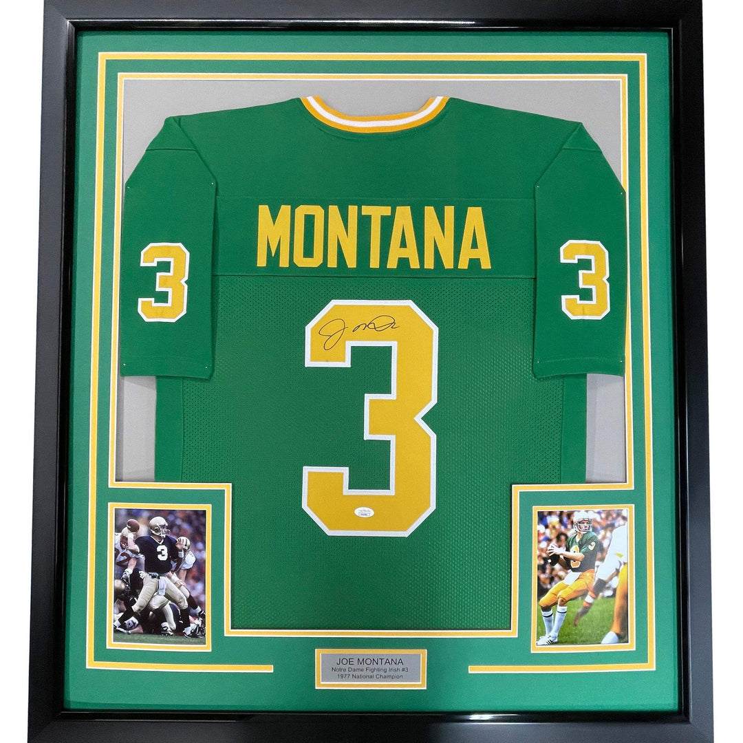 Framed Autographed/Signed Joe Montana 33x42 Notre Dame Green Jersey JSA COA