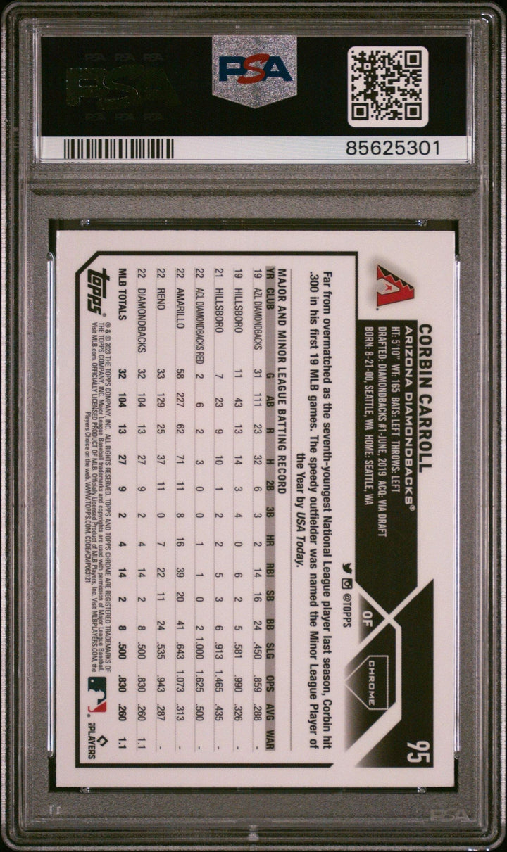Graded 2023 Topps Chrome Corbin Carroll #95 Rookie RC Baseball Card PSA 10 Gem