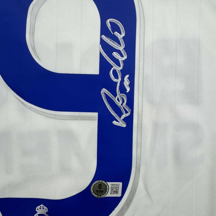 Framed Autographed/Signed Ronaldo Nazario 35x39 Real Madrid White Jersey BAS COA