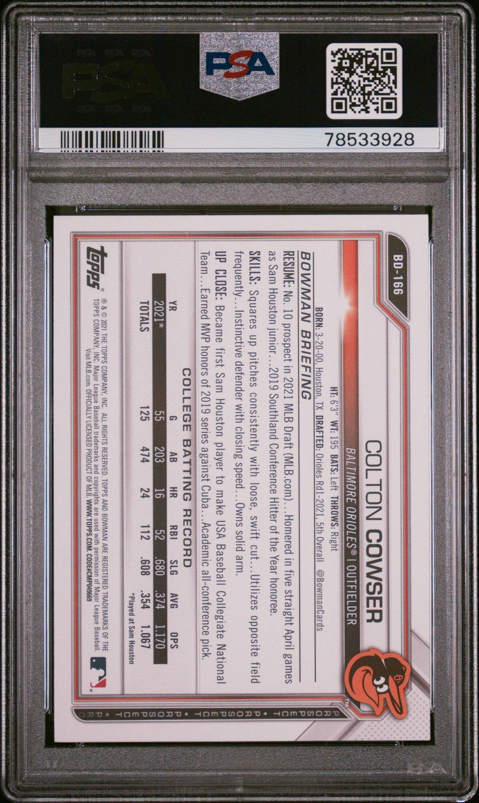 Graded 2021 Topps Bowman Draft Colton Cowser #BD166 Rookie Baseball Card PSA 10