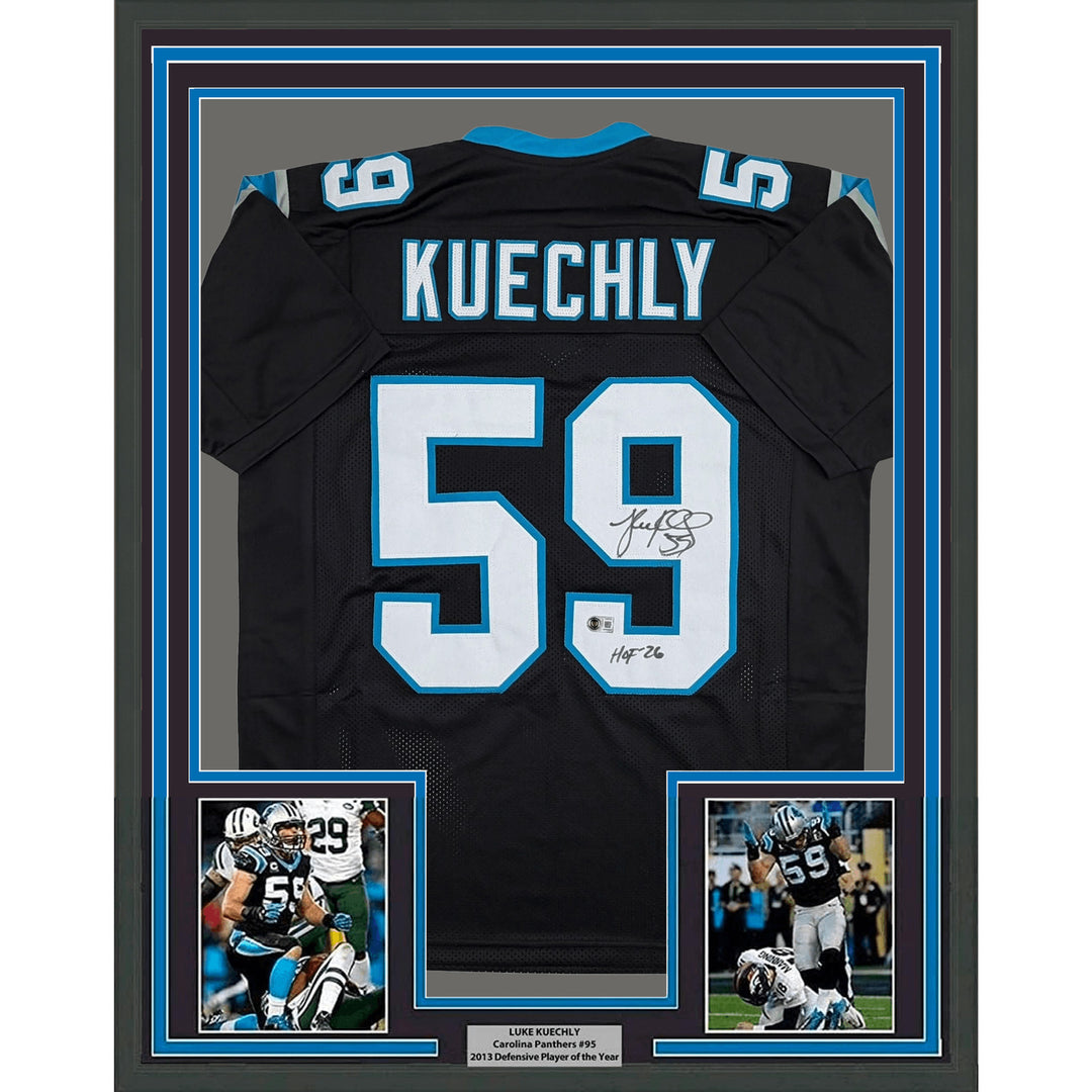 Framed Autographed/Signed Luke Kuechly HOF 26 35x39 Black Jersey BAS COA
