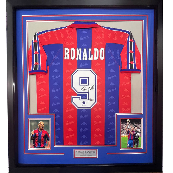 Framed Autographed/Signed Ronaldo Nazario 33x42 FC Barcelona Jersey BAS COA
