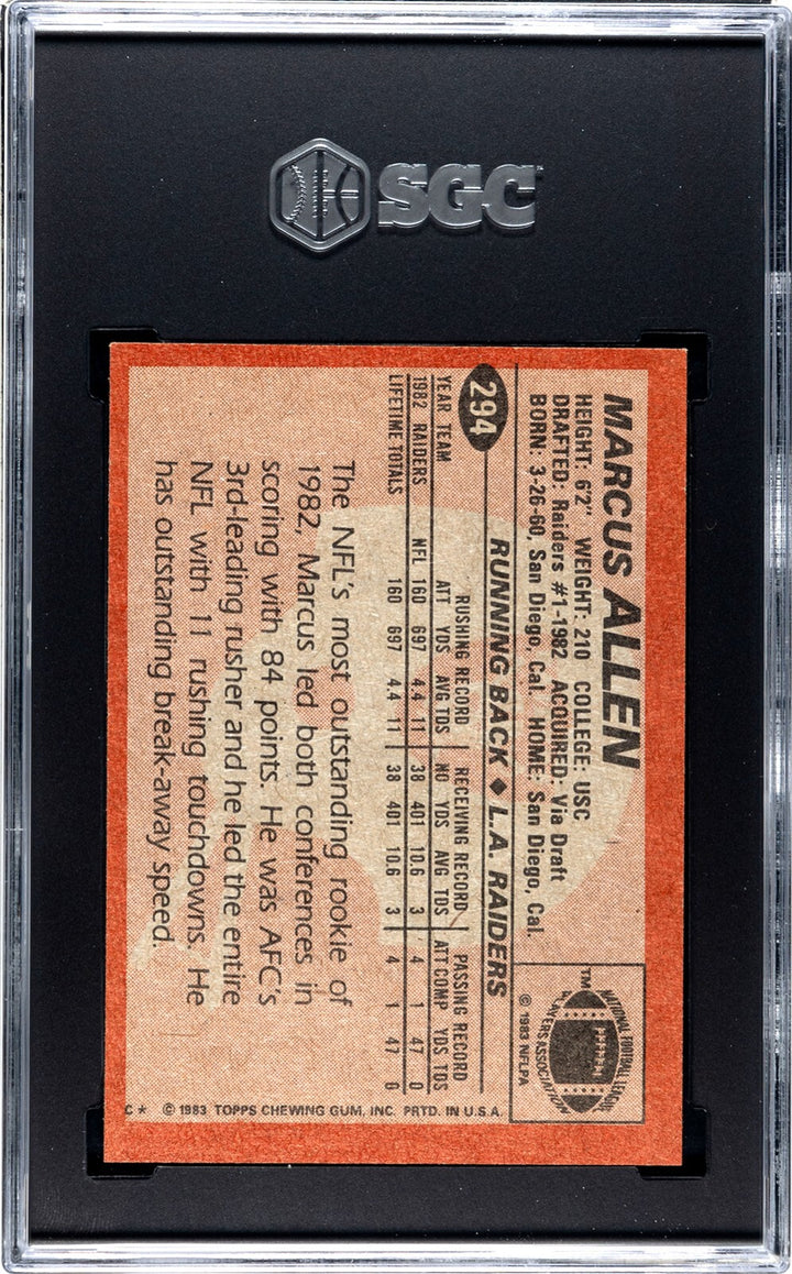 Marcus Allen 1983 Topps Rookie Card (RC) #294 Raiders - SGC Graded 7.5 NM+
