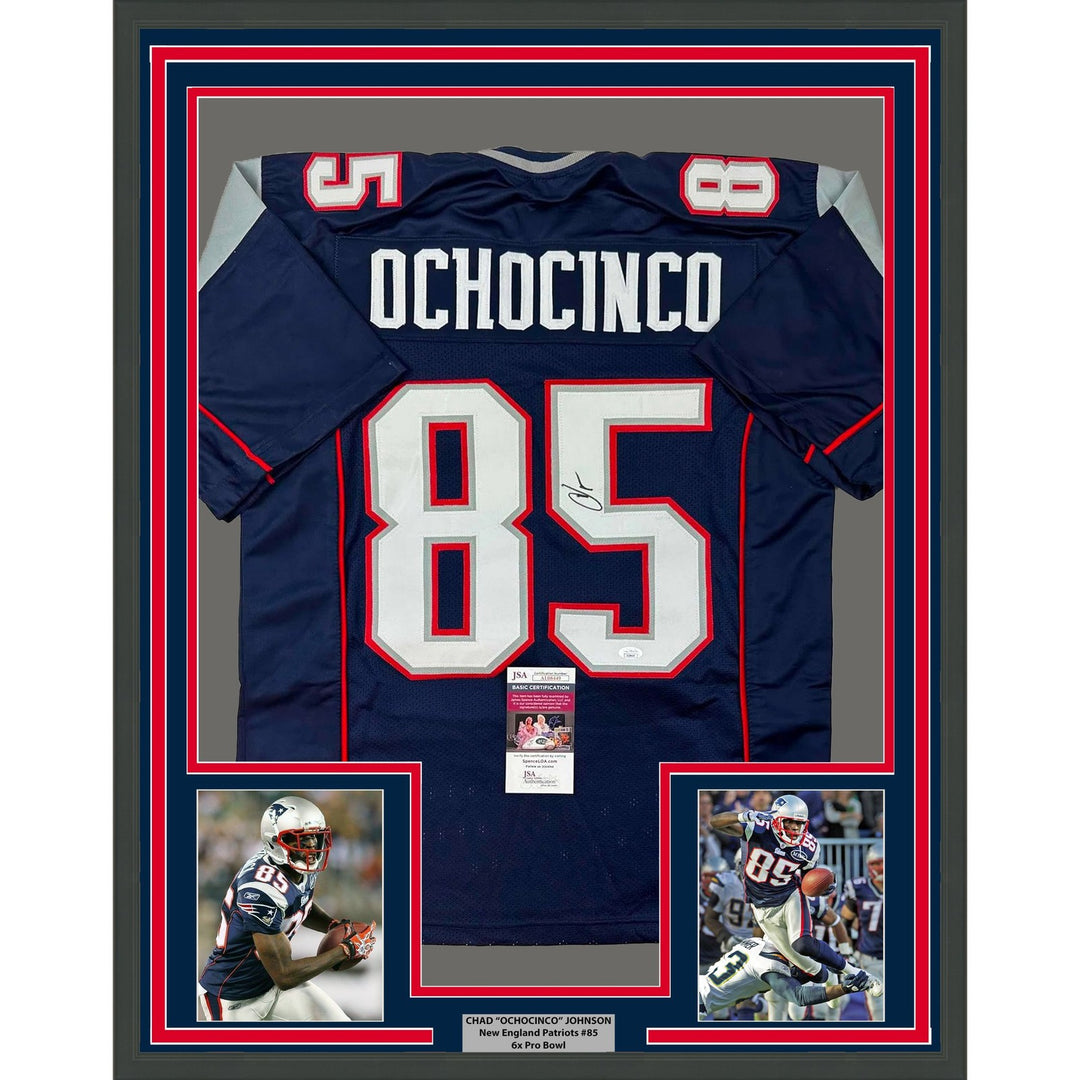 Framed Signed Chad Ochocinco (Johnson) 35x39 Blue Jersey JSA COA