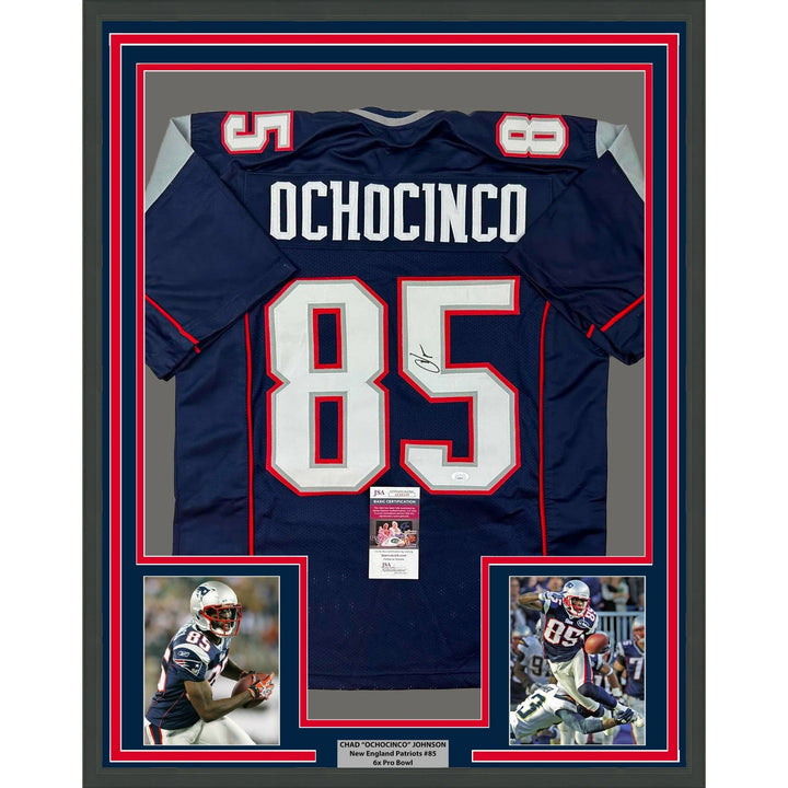Framed Signed Chad Ochocinco (Johnson) 35x39 Blue Jersey JSA COA