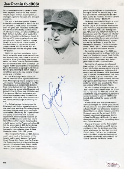 Joe Cronin Signed Jsa 8x10 Photo Page Autograph
