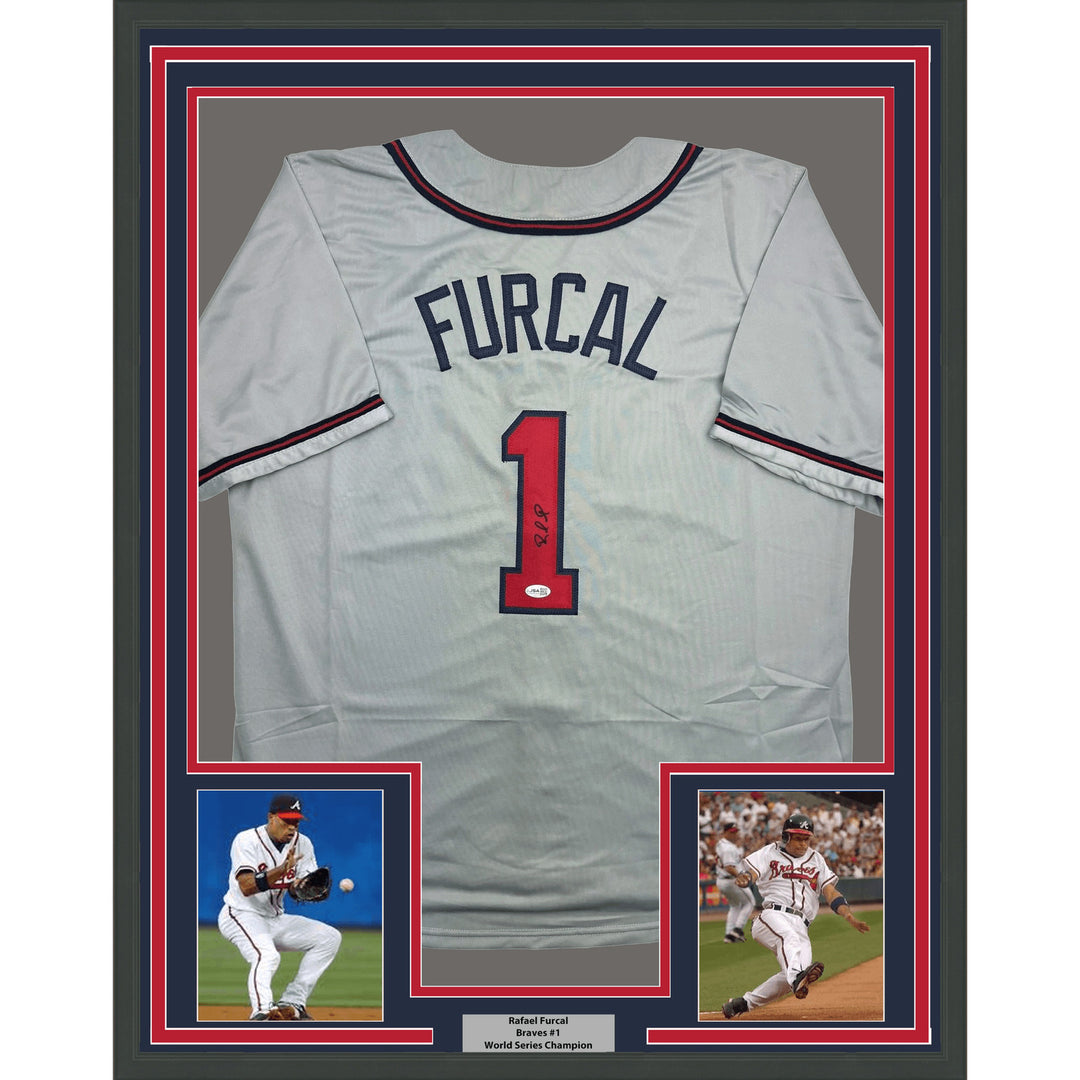 Framed Autographed/Signed Rafael Furcal 35x39 Atlanta Grey Jersey JSA COA