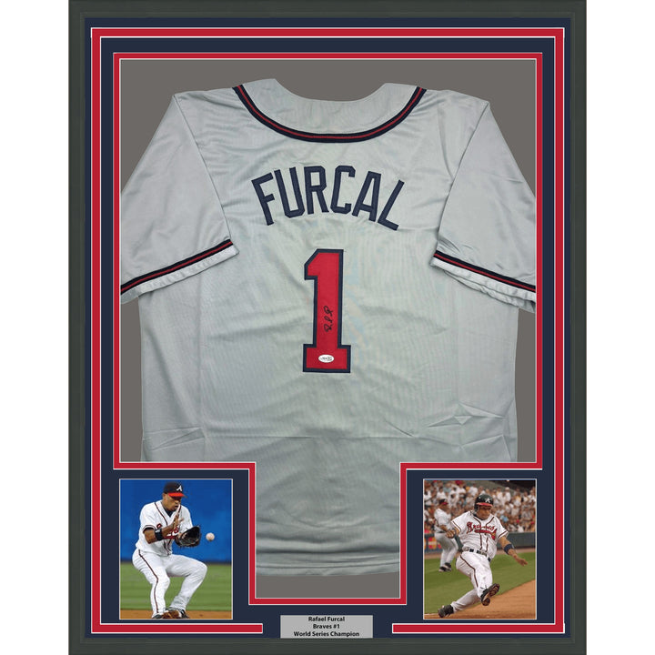 Framed Autographed/Signed Rafael Furcal 35x39 Atlanta Grey Jersey JSA COA