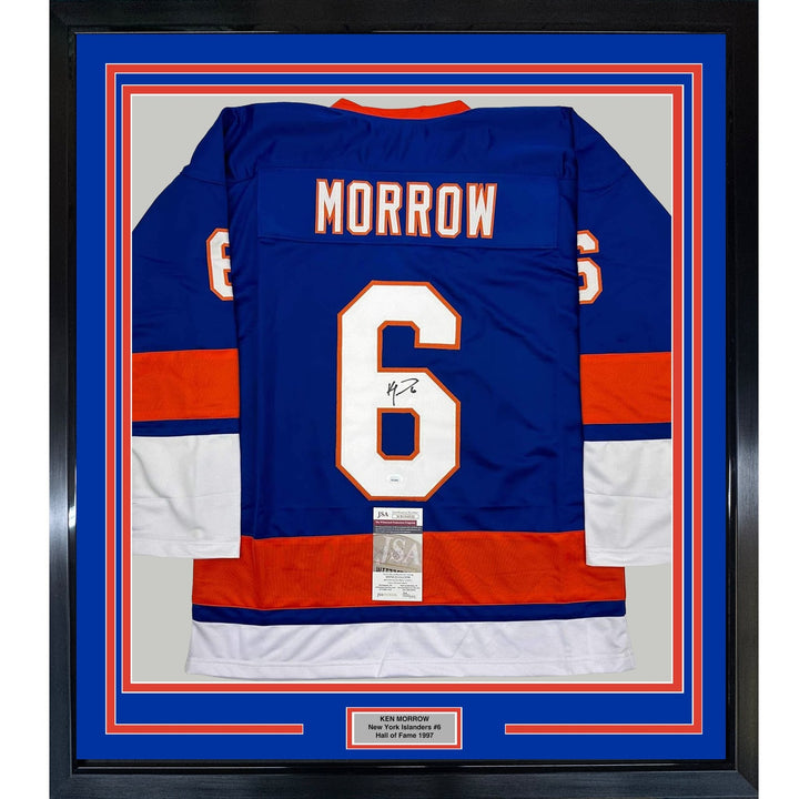 Framed Autographed/Signed Ken Morrow 35x39 New York Blue Jersey JSA COA