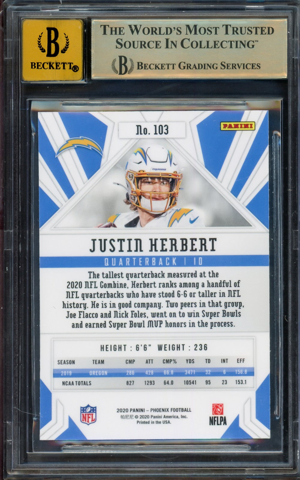 Justin Herbert Auto 2020 Panini Phoenix Fire RC 103 Chargers BGS 9.5 Sig 10