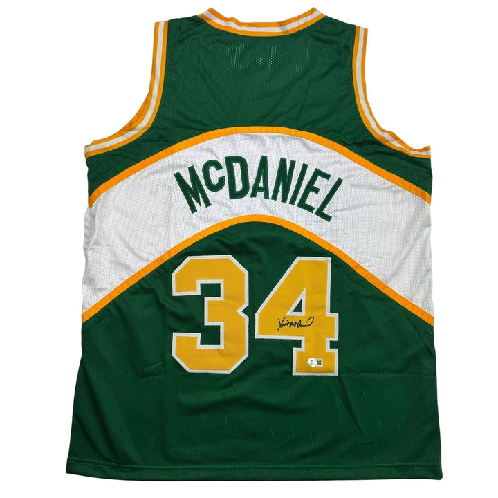 Autographed/Signed Xavier McDaniel Seattle Green Basketball Jersey BAS COA