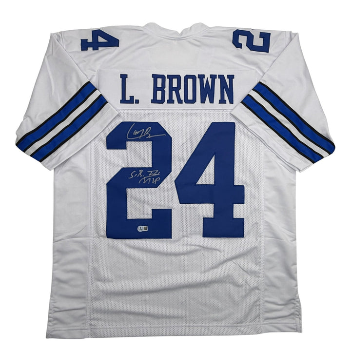 Autographed/Signed Larry Brown SB MVP Dallas White Football Jersey JSA COA