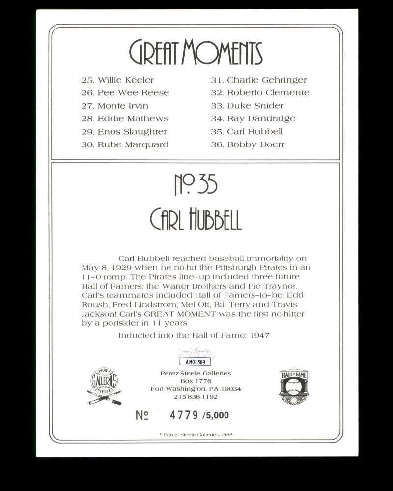 Carl Hubbell JSA Coa Signed Perez Steele Great Moments Autograph