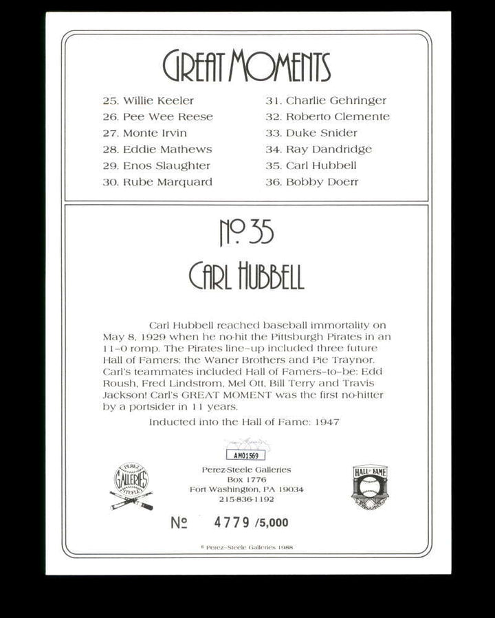Carl Hubbell JSA Coa Signed Perez Steele Great Moments Autograph