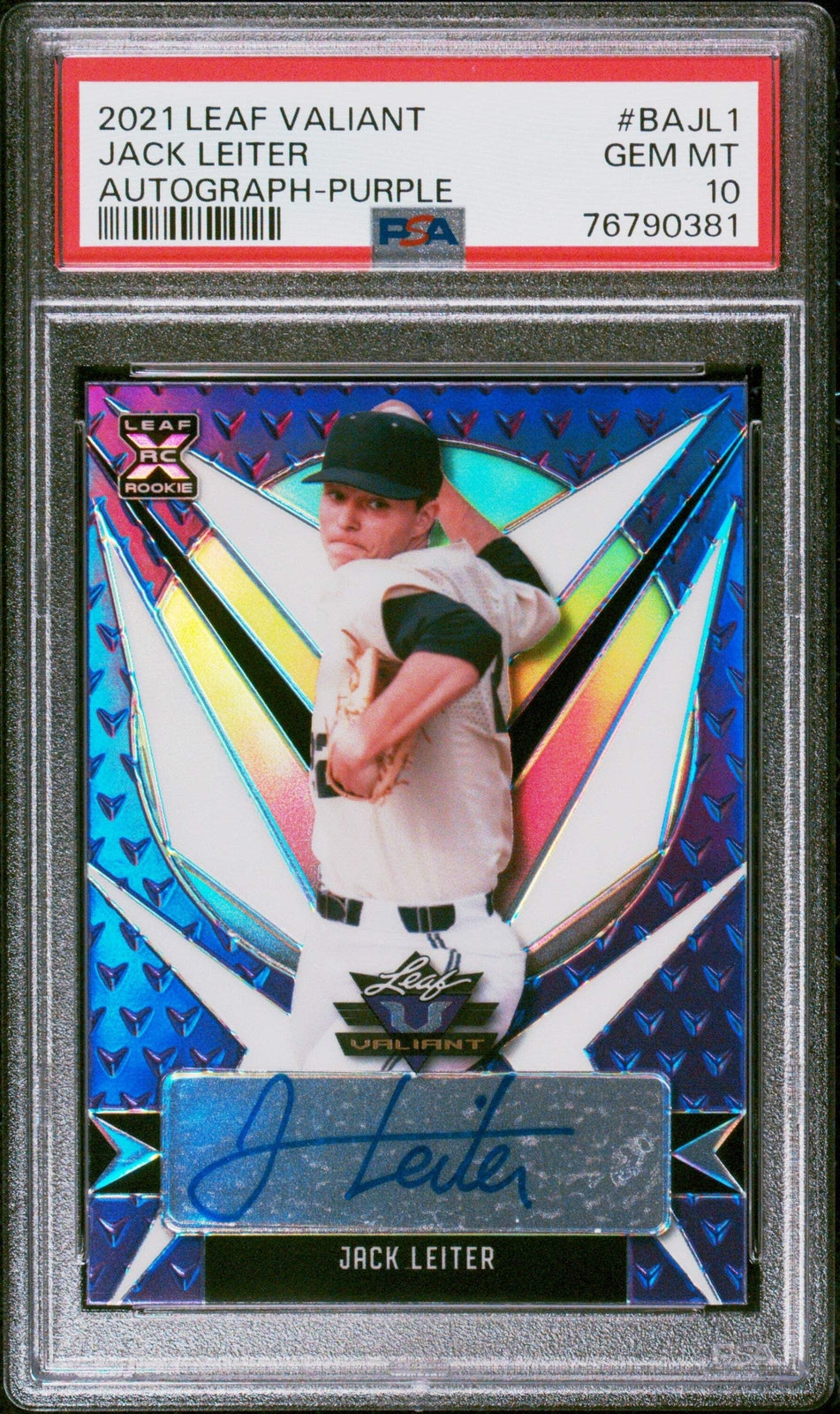 Graded 2021 Leaf Valiant Jack Leiter #BAJL1 Auto Purp #/50 Baseball Card PSA 10