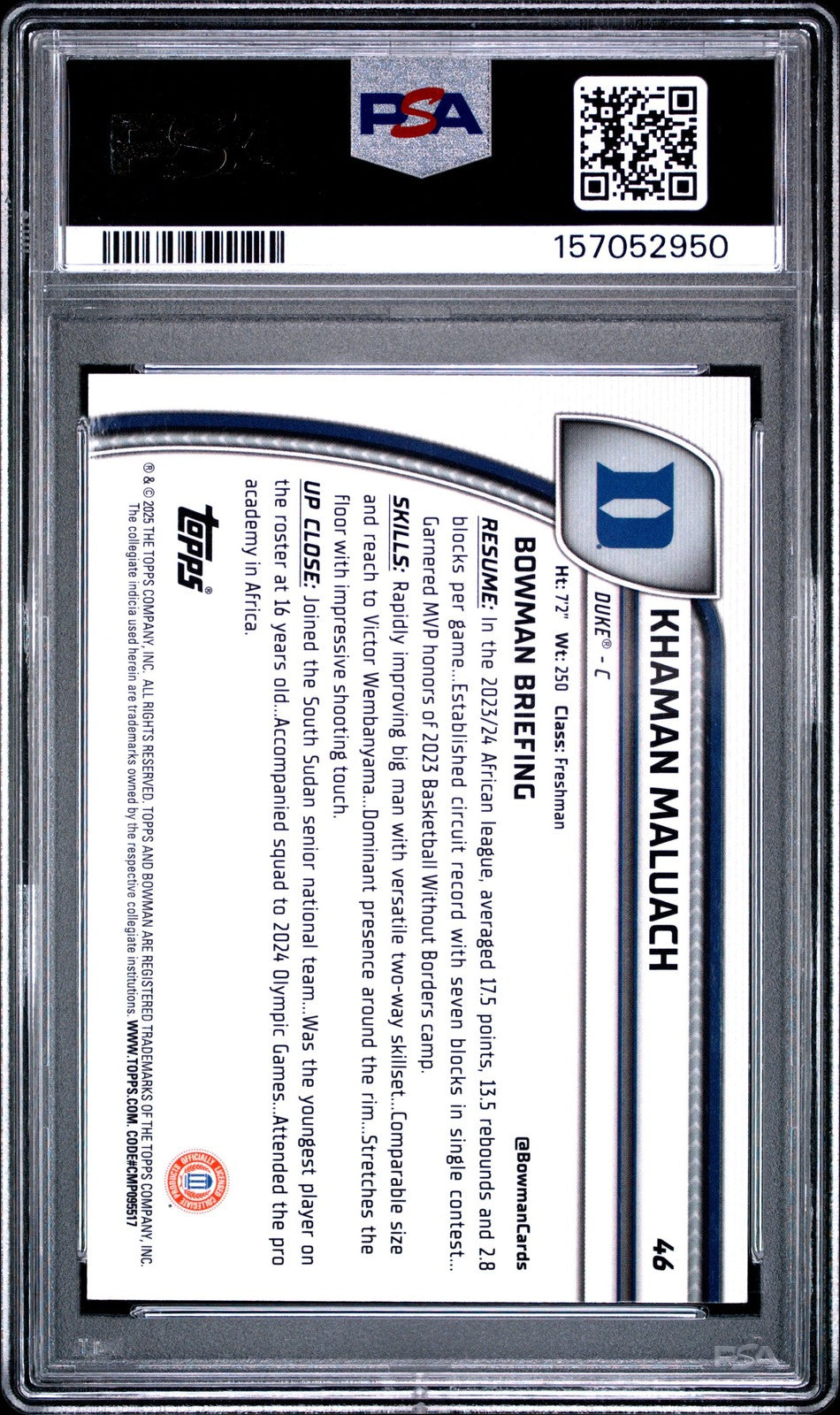 Graded 2024 Bowman U Khaman Maluach #46 Green Shimmer Rookie Card PSA 10