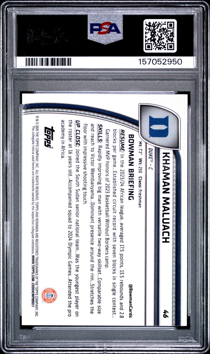 Graded 2024 Bowman U Khaman Maluach #46 Green Shimmer Rookie Card PSA 10
