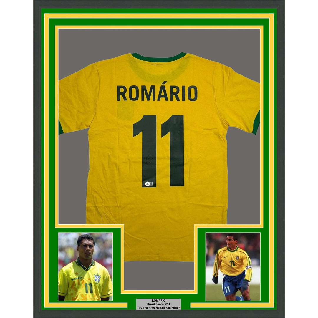Framed Autographed/Signed Romario 35x39 Brazil Yellow Jersey Beckett COA