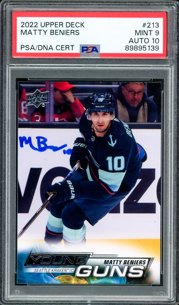 Matty Beniers Auto 2022 Upper Deck Young Guns RC #213 Kraken PSA 9 Sig GM 10