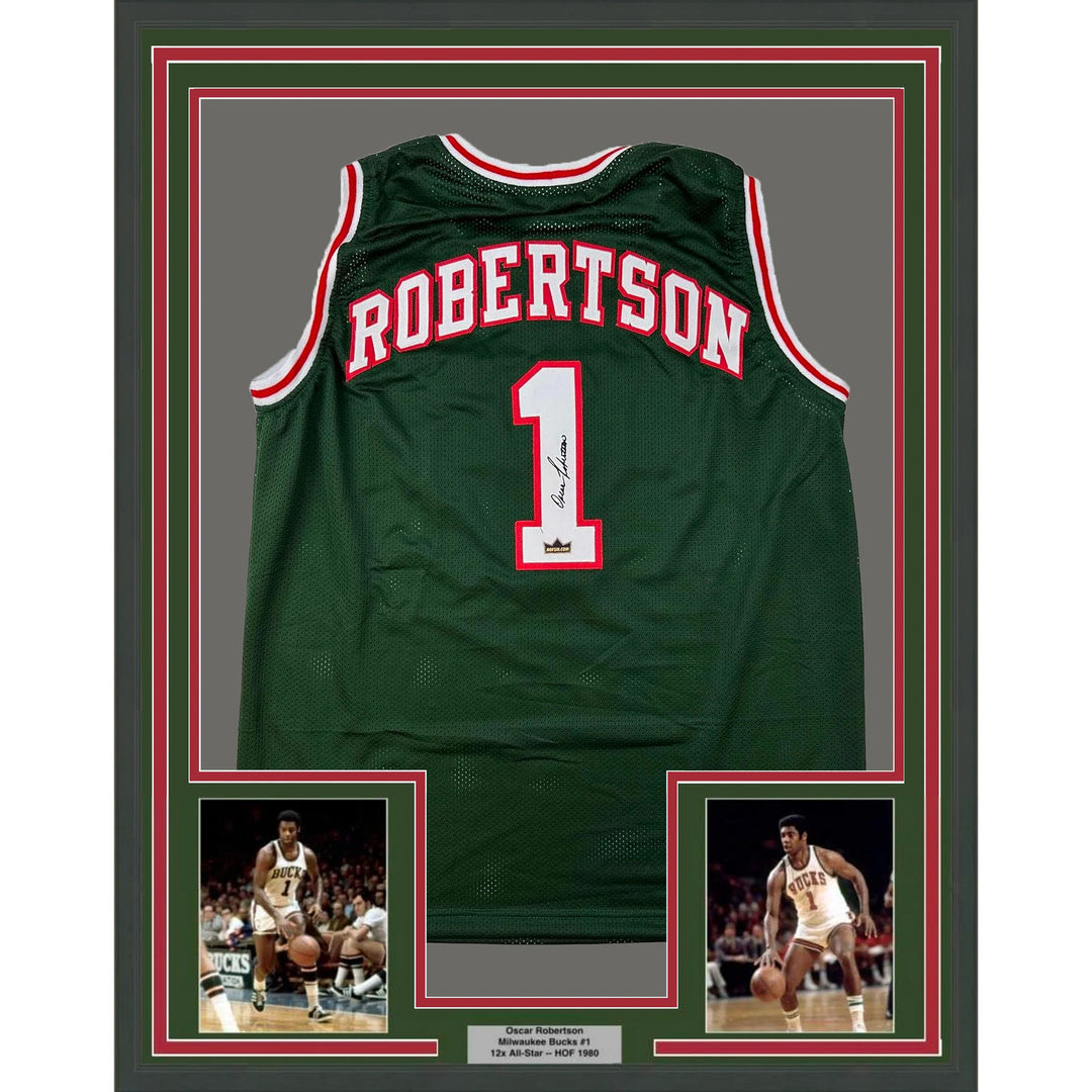 Framed Facsimile Autographed Oscar Robertson 33x42 Green Reprint Laser Jersey
