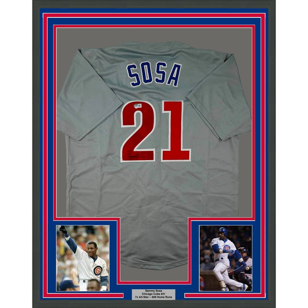 Framed Autographed/Signed Sammy Sosa 33x42 Chicago Grey Jersey BAS COA