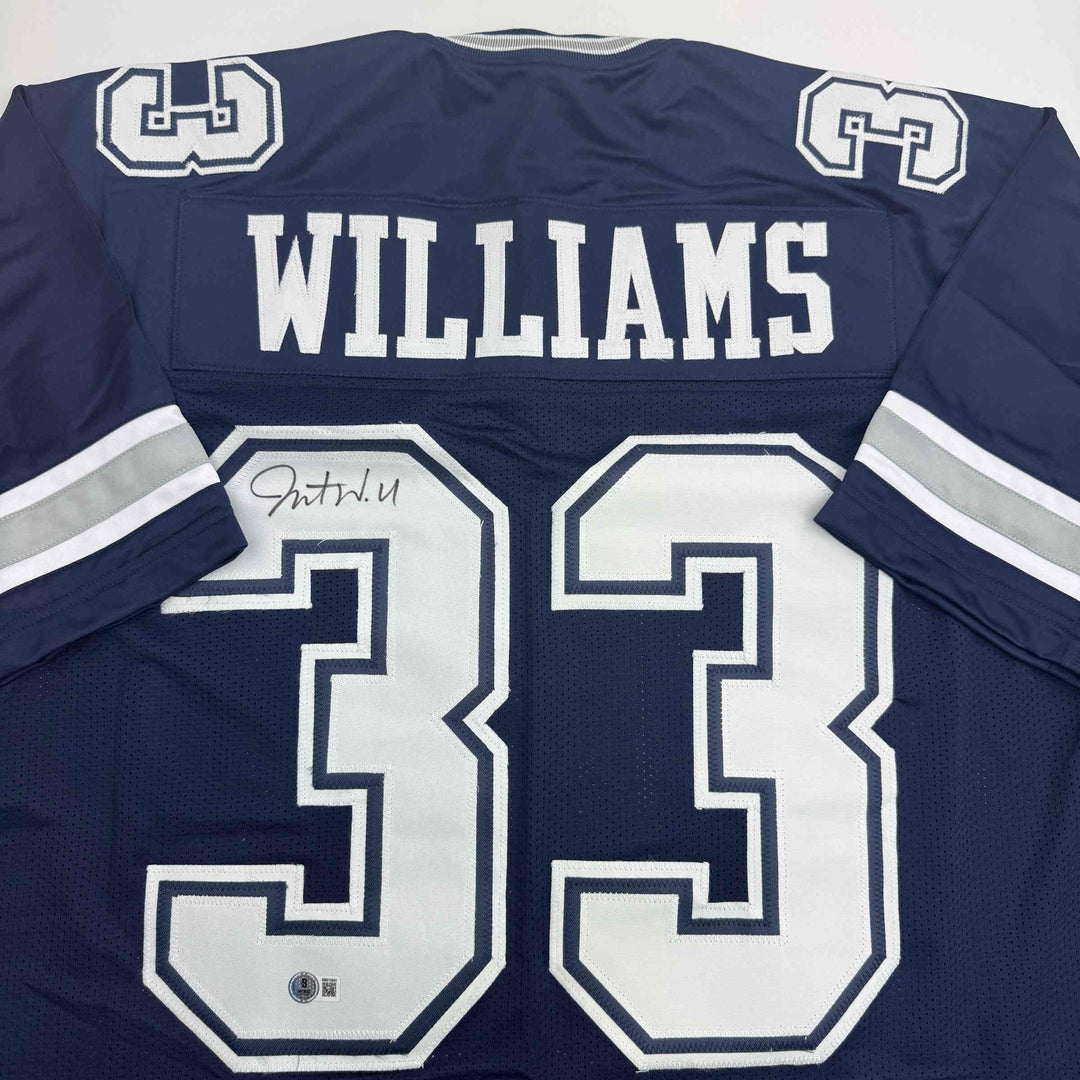 Autographed/Signed Javonte Williams Dallas Blue Football Jersey Beckett BAS COA