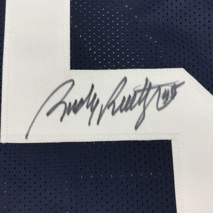 Framed Autographed/Signed Rudy Ruettiger 35x39 Notre Dame Stat Jersey JSA COA