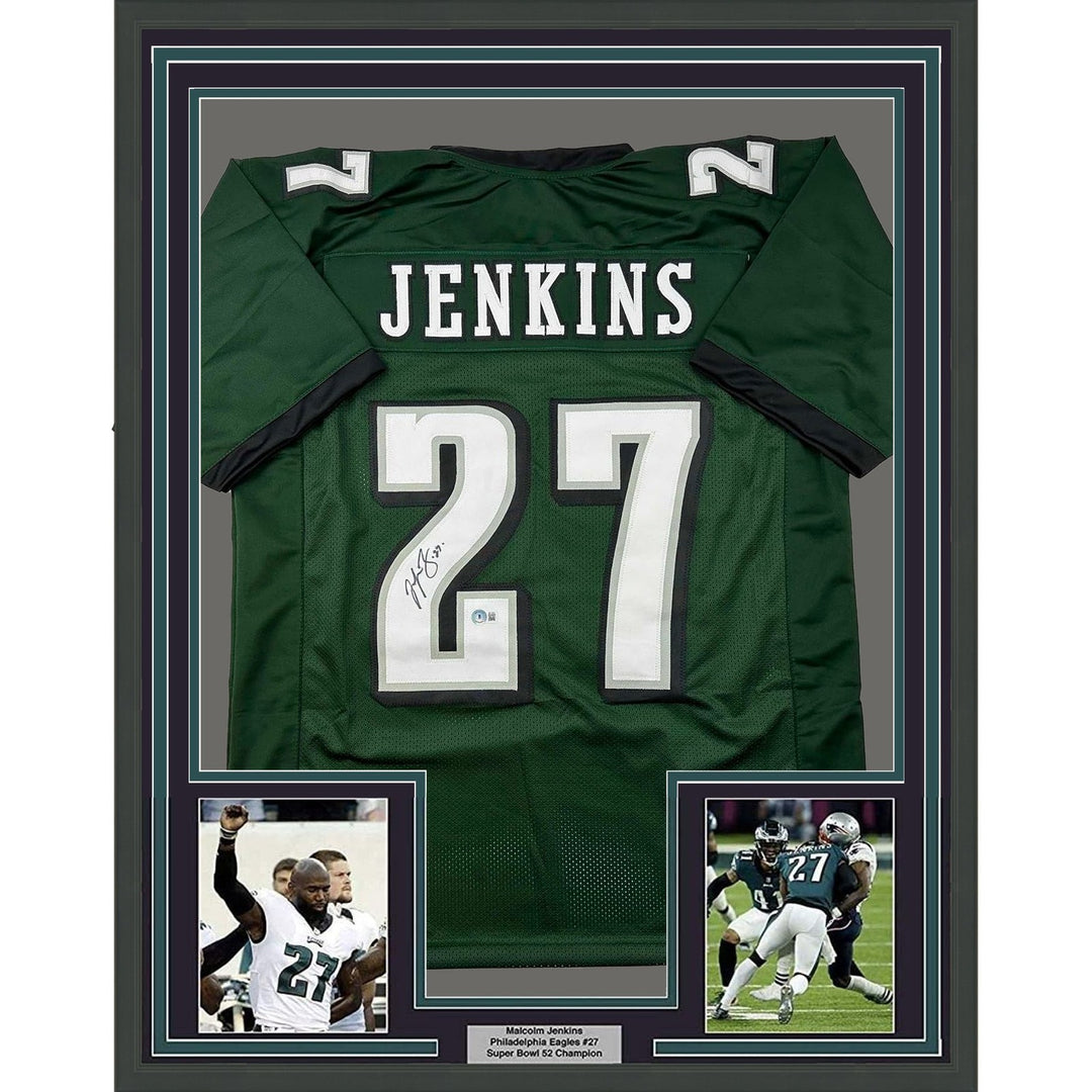 Framed Autographed/Signed Malcolm Jenkins 33x42 Green Jersey Beckett COA