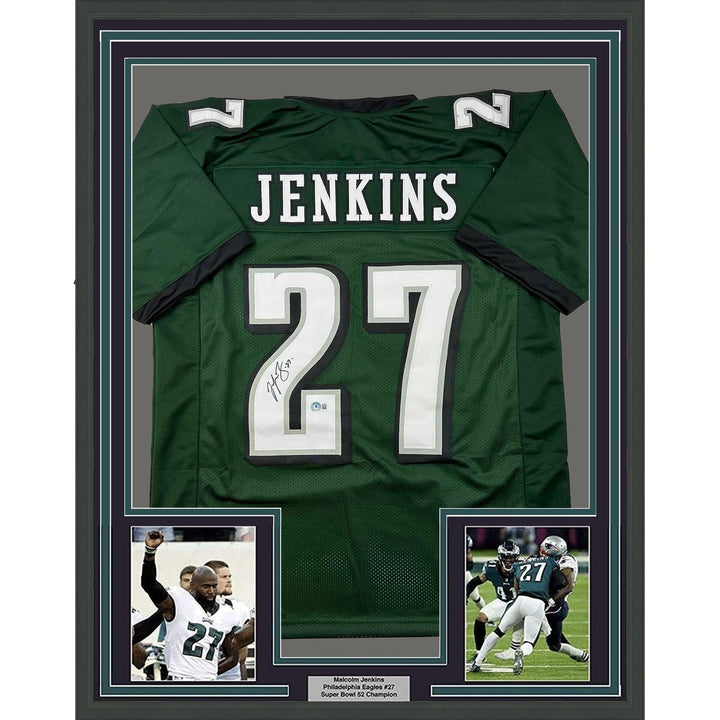 Framed Autographed/Signed Malcolm Jenkins 33x42 Green Jersey Beckett COA