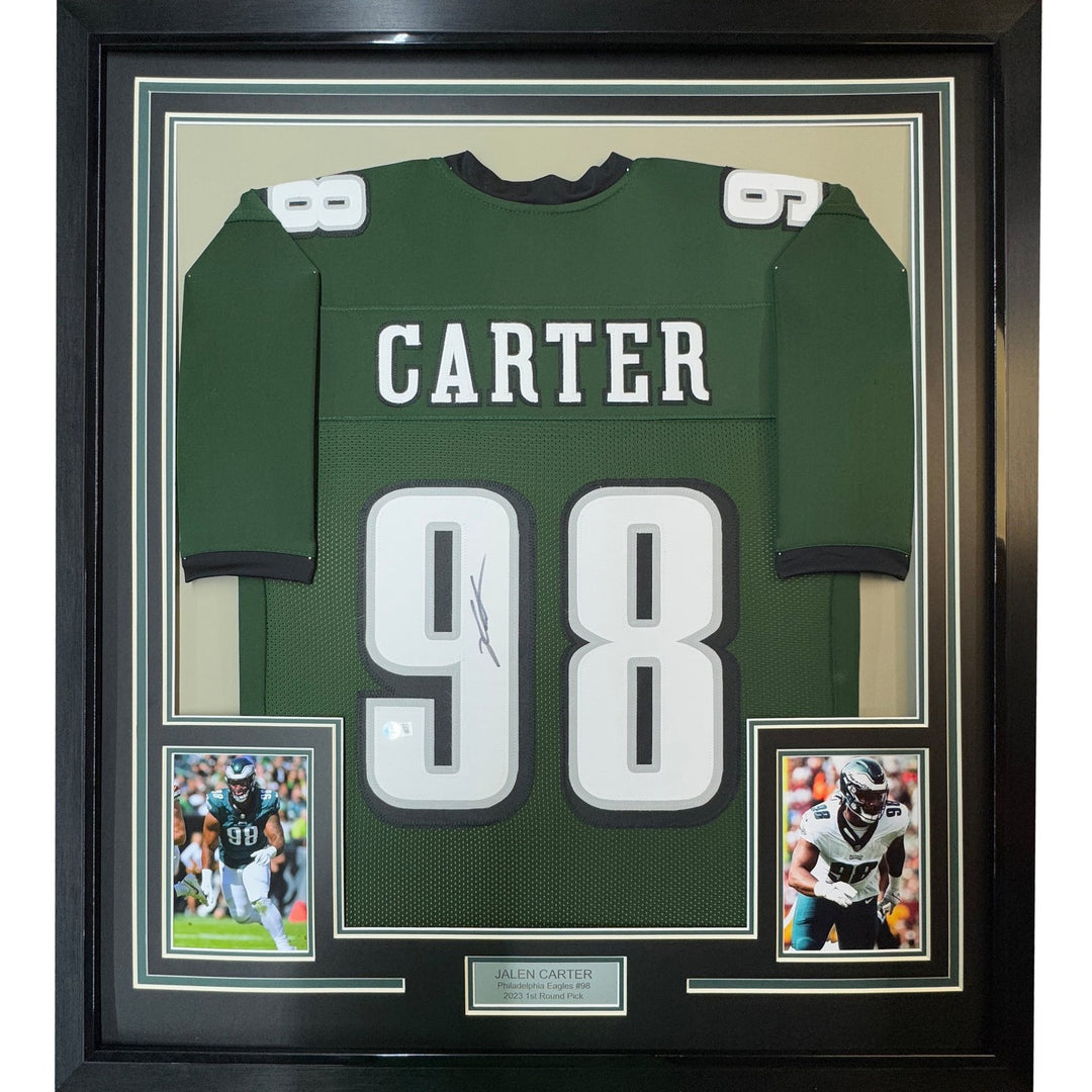 Framed Autographed/Signed Jalen Carter 35x39 Green Jersey Beckett BAS COA