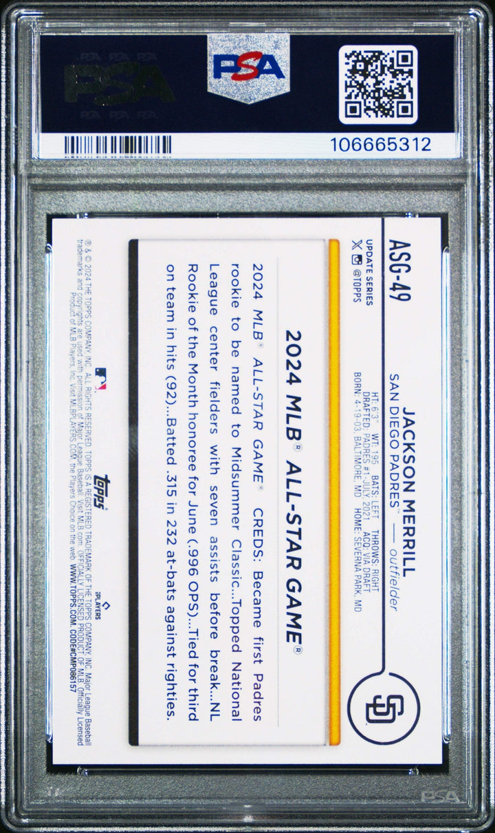 Graded 2024 Topps Update Jackson Merrill #ASG49 All Star Game Rookie Card PSA 10