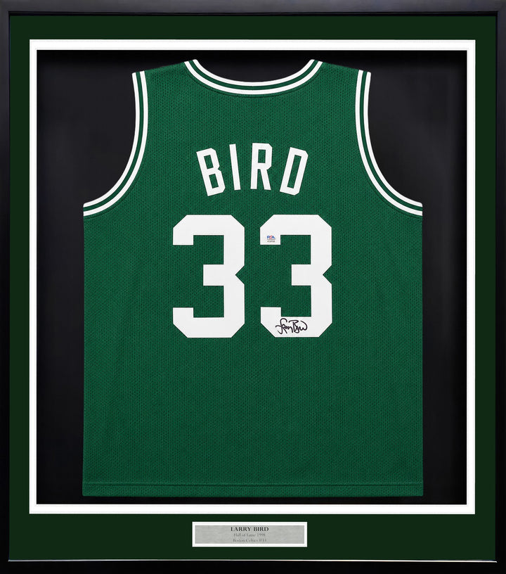 Boston Celtics Larry Bird Signed Framed Green Jersey PSA/DNA